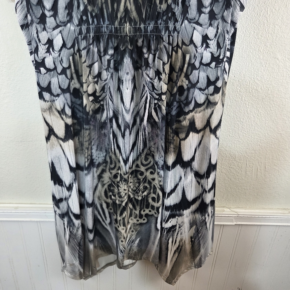 Women's One World Boho Black White Feather Owl Beaded Lace Short Dress Size XL - Picture 5 of 13